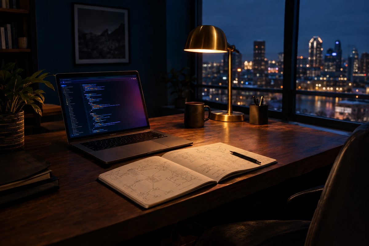 A studio desk at night with a laptop, system sketches and a brass lamp